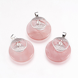 Вишневый Кварц Вишневое из кварцевого стекла подвески, с латунной фурнитурой платинового цвета, плоские круглые с дерева жизни, 32x28x6 мм, отверстие : 4x5 мм