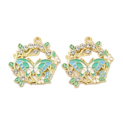 Средний Аквамарин Стойки обшивки сплава эмали подвески, со стразами, золотые, венок с подвеской-бабочкой, средний аквамарин, 29.7x28.4x2.5~3 мм, отверстие : 2 мм
