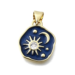 Прусский Синий Латунные микро проложить кубического циркония подвески, без кадмия и без свинца, с эмалью, плоский круглый с звездой луны, реальный 16 k позолоченный, берлинская лазурь, 17x15x2.5 мм, отверстие : 5 мм