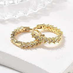 Настоящее золото 18K Серьги-кольца из латуни с микропаве из прозрачного кубического циркония, долговечный, кольцо, реальный 18 k позолоченный, 15.5x2.5 мм, штифты : 1 мм
