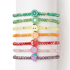 Mixed Color 7Pcs 7 Style Glass Beaded Stretch Bracelets Set, Lemon & Kiwi & Pear & Apple & Pitaya & Orange Polymer Clay Stackable Bracelets for Women, Mixed Color, Inner Diameter: 2-1/8 inch(5.5cm), 1Pc/stye