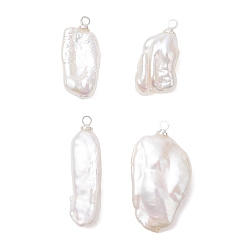 Серебро Натуральные кеши жемчужные подвески, подвески в виде самородков с латунными креплениями, белые, серебряные, 19~27x8~14.5x5.5~6 мм, отверстие : 1.4 мм