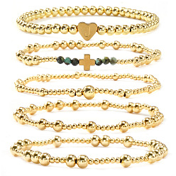 Золотой 5 Браслеты из латуни и натуральных бусин африканской бирюзы (яшмы) для женщин, эластичные., круг и сердечко с буквой j, золотые, регулируемый