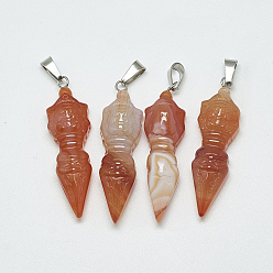 Carnelian Natural Carnelian/Red Agate Pendants, with Stainless Steel Snap On Bailss, Platinum, 45~45.5x12.5~13x8~9mm, Hole: 7.5x4mm