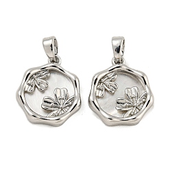 Платина Подвески из латунных ракушек, шестиугольник с цветочной подвеской, платина, 16x14.5x3 мм, отверстие : 4.8x2.7 мм