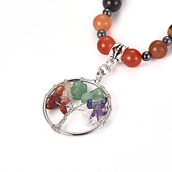 Mixed Stone Alloy Pendant Necklaces, with Gemstone Beads, Ring with Tree of Life, Chakra Necklaces, 19.7 inch(50cm)