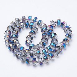 Blue Electroplat Glass Beads Strands, Rainbow Plated, Faceted, Rondelle, Blue, 8x5mm, Hole: 1.2mm, about 80pcs/strand, 22.83 inch