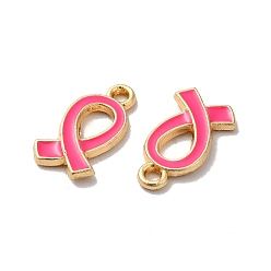 Deep Pink Alloy Enamel Pendants, Golden, October Breast Cancer Pink Awareness Ribbon Charm, Deep Pink, 17x10x2mm, Hole: 1.6mm