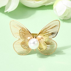Бабочка 201 регулируемые манжеты из нержавеющей стали с открытыми кольцами для женщин, золотые, с ABS имитации жемчуга, бабочка, 26x36.5 мм, внутренний диаметр: 18 мм