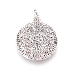 Платина Латунные микро проложить кубического циркония подвески, с прыжковых колец, плоско-круглые, с рисунком крыльев, прозрачные, платина, 17x15x2 мм, перемычки: внутренний диаметр 2.5 мм