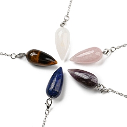 Смешанные камни Подвеска-пуля из смешанных натуральных драгоценных камней, Покрытие стойки платинового тона, латунные подвески-маятники для лозоходства, 212~220 мм, отверстие : 2 мм