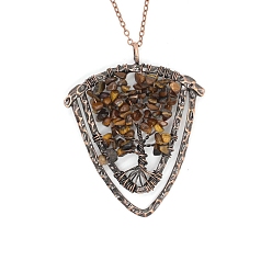 Tiger Eye Natural Tiger Eye Brass Wire Wrapped Pendants, with Alloy Fingdings, Triangle with Tree, Antique Bronze, 53x48mm