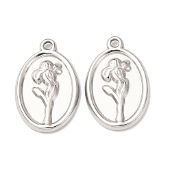 Нержавеющая Сталь Цвет 304 подвески из нержавеющей стали, овальные с цветком, цвет нержавеющей стали, 18x11.5x2 мм, отверстие : 1.2 мм