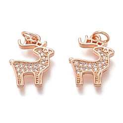 Розовое Золото Латунные микропаве прозрачные подвески с фианитом, без кадмия и без свинца, долговечный, олень, розовое золото , 15.5x12x2 мм, отверстие : 3 мм