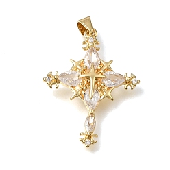 Real 18K Gold Plated Brass Micro Pave Clear Cubic Zirconia Pendants, Cross Charms, Lead Free & Cadmium Free, Long-Lasting Plated, Rack Plating, Real 18K Gold Plated, 31.5x24x5mm, Hole: 4x3mm
