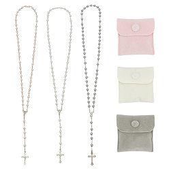 Античное Серебро 3 шт. круглые белые стеклянные жемчужные четки, подвески в виде креста Иисуса из сплава, с 3 шт. бархатными мешочками для хранения ювелирных изделий, античное серебро, 30.71 дюйм (78 см)