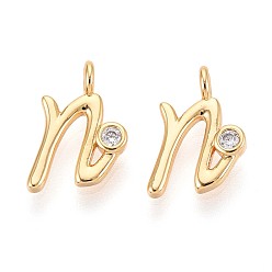 Letter N Латунные микро проложить кубического циркония прелести, долговечный, без никеля , реальный 18 k позолоченный, буквы, Письмо N, 13x8x3.5 мм, отверстие : 1.8 мм