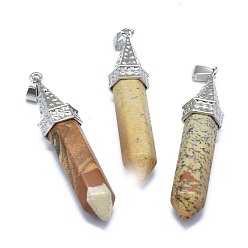 Picture Jasper Natural Picture Jasper Pointed Pendants, with Alloy Findings, Bullet, Platinum, 61x14.5x12.5mm, Hole: 3.5x
7.5mm