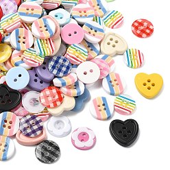 Mixed Color 200Pcs Resin Buttons, 4-Hole, Flat Round & Heart & Flower, Mixed Color, 10.5~15x2~2.5mm, Hole: 1.6~1.8mm