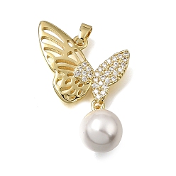 Golden Brass Micro Pave Clear Cubic Zirconia with ABS Imitation Pearl Pendants, Butterfly Charms, Rack Plating, Long-Lasting Plated, Cadmium Free & Lead Free, White, Golden, 36x22x10mm, Hole: 5x2.5mm
