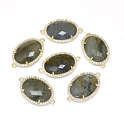 Лабрадорита Соединители из натурального лабрадорита, с латунной фурнитурой и кубическим цирконием, граненые, овальные, золотые, 26x16x5 мм, отверстие : 1.5 мм