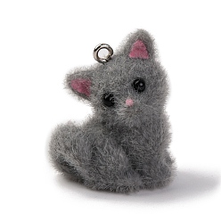 Серый Флокированные подвески из непрозрачной смолы, с платиновыми тоновыми железными петлями, лиса прелести, серые, 27.5x21.5x15 мм, отверстие : 1.8 мм