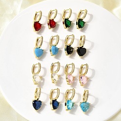 (52) Непрозрачная лаванда Серьги-кольца в форме сердца с микропаве из кубических цирконий из латуни, со стеклом, долговечный, стойки покрытие, золотые, разноцветные, 23.5x10.5x11.5 мм