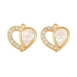 Paua Shell 304 Stainless Steel & Natural Paua Shell Pendants, Heart Charms, with Rhinestone, Real 18K Gold Plated, Ion Plating(IP), Long-Lasting Plated, 20.5x20.5x2mm, Hole: 1.8mm
