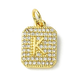 Letter K Покрытие стойки латунь микропаве прозрачные кубические циркониевые подвески, долговечный, без свинца и без кадмия, прямоугольник с буквенным узором, с целью перехода в кольце, реальный 18 k позолоченный, Письмо K, 14x9.5x2 мм, отверстие : 3 мм