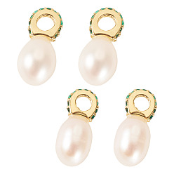Золотой 4 шт. Подвески из натурального культивированного пресноводного жемчуга., шармы из риса с латунными микро-паве зелеными кубическими цирконами подвески-петли, цветочный белый, реальный 18 k позолоченный, 14 мм, отверстие : 3 мм