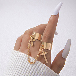 Golden Alloy Linked Double Ring, Cross  Charms Open Cuff Rings, Golden, Inner Diameter: 17mm