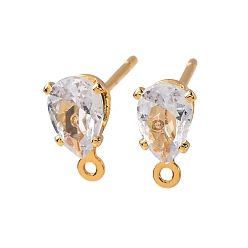 Teardrop Латунные серьги-гвоздики из циркония, с петлей, долговечный, без никеля , реальный 18 k позолоченный, слеза, 8.5x4.5 мм, отверстие : 0.9 мм