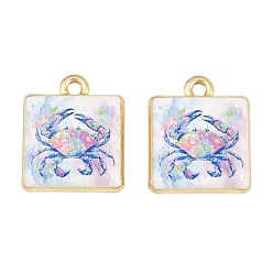 Blue Ocean Theme Printed Alloy Pendants, Square with Crab Charms, Golden, Rack Plating, Blue, 18x15x5mm, Hole: 1.8mm