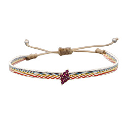 Colorful Vintage Bohemian Cotton Cord Braided Bracelets with Brass Micro Pave Hot Pink Cubic Zirconia Rhombus Beads, Adjustable Handmade Ethnic Style Wristbands, Golden, Colorful