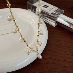 Золотой Латунная цепочка-спутник овальные ожерелья с кисточками из натурального пресноводного жемчуга для женщин, белые, золотые, 14.96 дюйм (38 см)