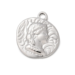 Нержавеющая Сталь Цвет 304 подвески из нержавеющей стали, плоский круглый с человеческим обаянием, анти-тускнение, цвет нержавеющей стали, 22.5x19.5x2.5 мм, отверстие : 2.5 мм