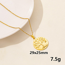 Золотой 201 Женские колье из нержавеющей стали с плоским круглым кулоном в виде дерева жизни, золотые, 15.75 дюйм (40 см)