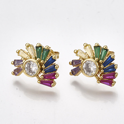 Golden Brass Micro Pave Cubic Zirconia(Random Mixed Color) Ear Studs, with Ear Nuts, Golden, 12x16.5mm, Pin: 0.6mm