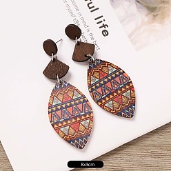 Лист Серьги-гвоздики из дерева и сплава, платина, лист, 80x30 мм