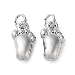Platinum Eco-Friendly Rack Plating Brass Pendants, with Jump Ring, Long-Lasting Plated, Lead Free & Cadmium Free, Foot Charms, Platinum, 14x8x4.5mm, Hole: 3mm