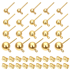 Настоящее золото 24K 60шт 4 стили 304 фурнитура для сережек из нержавеющей стали, с петлей и ушной гайкой / серьгами, реальный 24 k позолоченный, 9~15 мм, отверстие : 1.7~1.8 мм, Шар: 4~8 mm, штифты : 0.8 мм