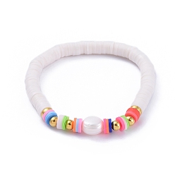 Papaye Bracelets élastiques faits à la main de perles heishi en pâte polymère, avec perle baroque naturelle perles de keshi, papayawhip, 2-1/8 pouce (5.5 cm)