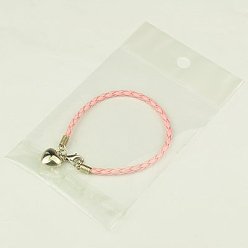 Pink PU Leather Braided Charm Bracelets, with CCB Plastic Pendants and Alloy Lobster Claw Clasps, Pink, 180mm