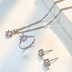 Платина Комплекты ювелирных изделий из сплава, ожерелья с подвесками из кубического циркония и регулируемые серьги-манжеты и гвоздики, платина, 400 мм