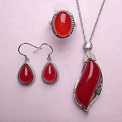 (123L) Белый крем непрозрачный блеск 925 ожерелья, серьги и кольца из стерлингового серебра с микропаве из прозрачных кубических цирконий и натуральным халцедоном, платина, лист, огнеупорный кирпич, 400 мм