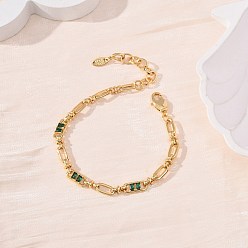 Зеленый Браслеты-цепочки из овальной латуни с микропаве из кубического циркония, украшенные скрепками, для женщин., реальный 18 k позолоченный, без кадмия и без свинца, стойки покрытие, долговечный, зелёные, 6.69 дюйм (17 см)