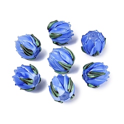 Royal Blue Handmade Lampwork Beads, Tulip with Leaf, Royal Blue, 13~15x12~14x12~14mm, Hole: 1~1.6mm