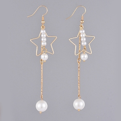 Real 18K Gold Plated Dangle Earrings, with Glass Pearl Round Beads, Iron Bar Links, Brass Star Pendants and Earring Hooks, with Cardboard Packing Box, Real 18K Gold Plated, 90mm, Pin: 0.6mm