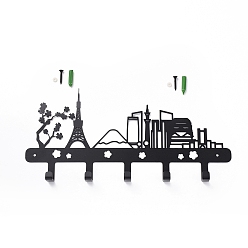 Black Iron Wall Mounted Hook Hangers, Decorative Organizer Rack with 5 Hooks, for Bag Clothes Key Scarf Hanging Holder, City Landmark, Black, 156x330x23.5mm, Hole: 4mm