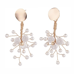 Golden Brass Shell Pearl Ear Studs, Copper Wire Wrapped, Golden, 64.5~66.5mm, Pin: 0.7mm